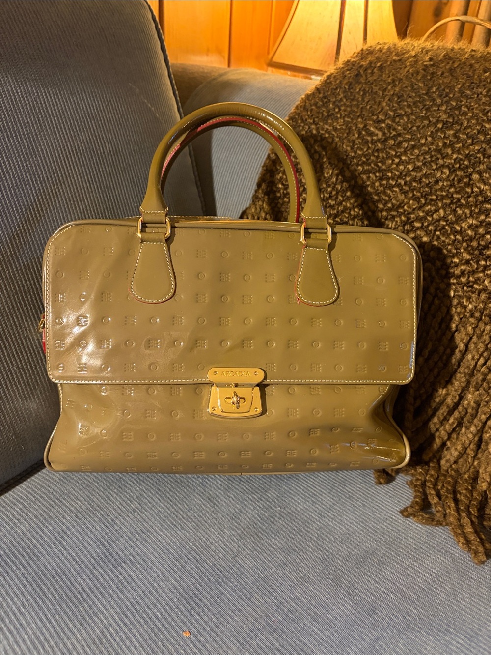 Arcadia Taupe Patent Satchel with Gold Hardware